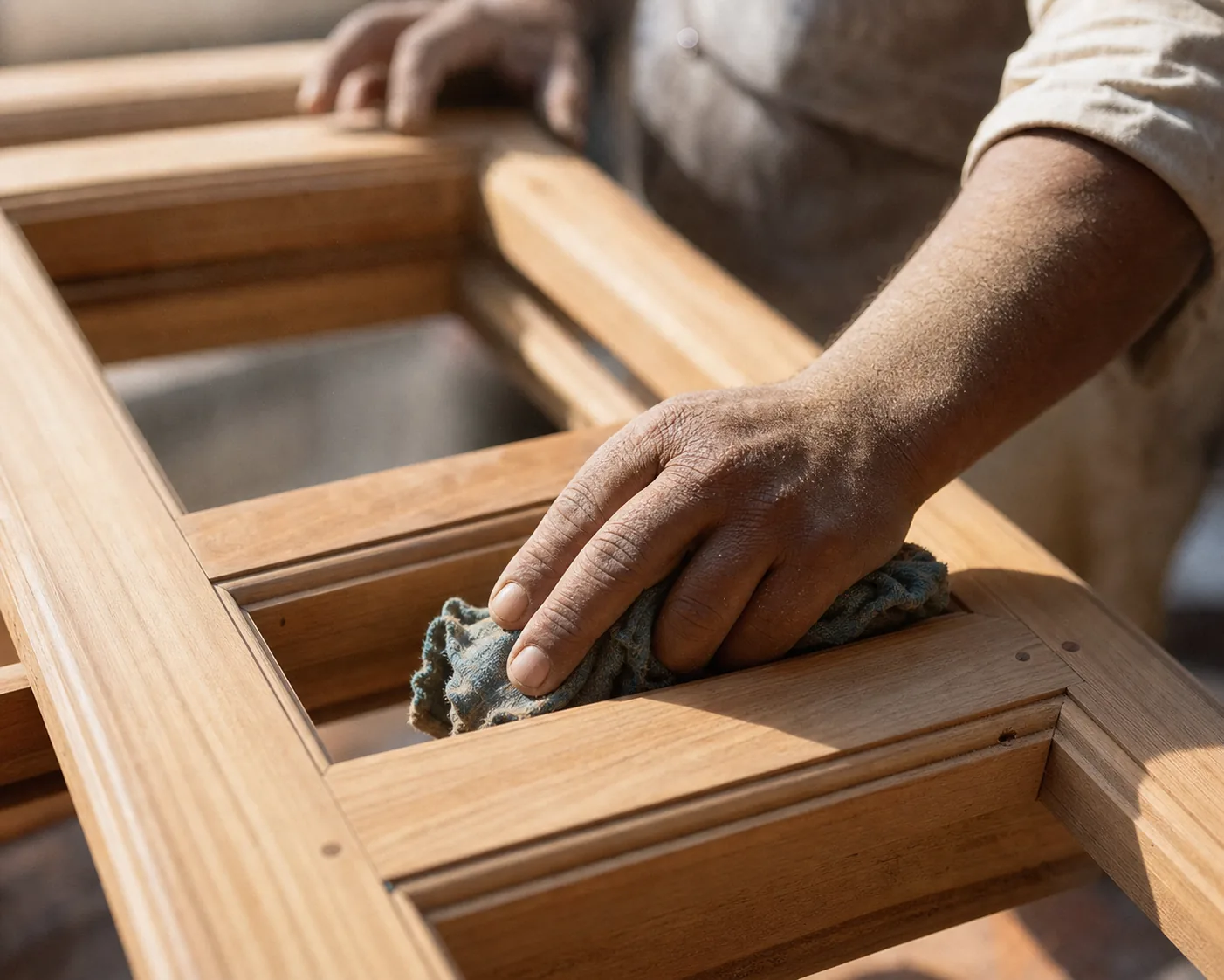 Indian craftsman wiping and sanding a bare timber window frame clean before priming