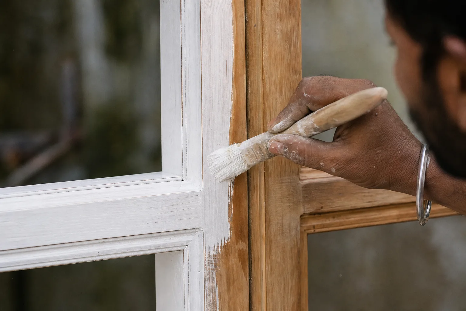 Indian craftsman brushing a thin natural-white primer coat along a bare timber window frame