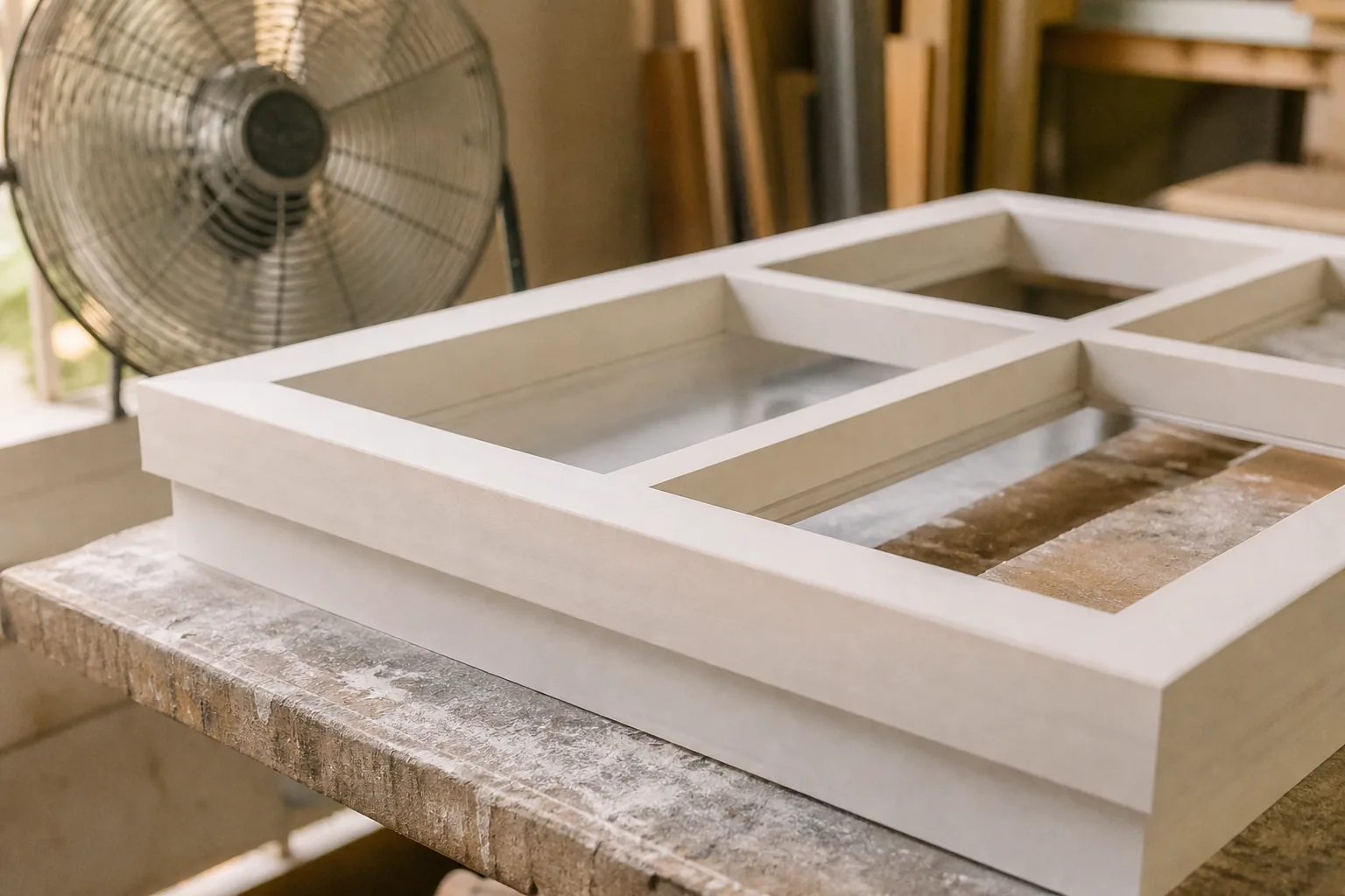 A freshly primed natural-white timber window frame drying beside a small workshop fan