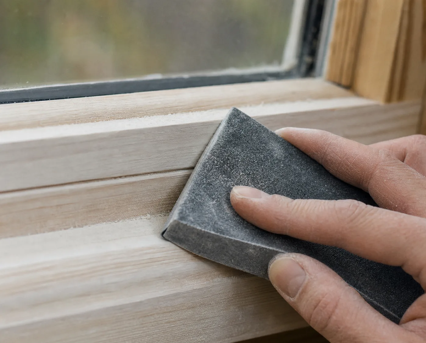 Hand sanding a dried natural-white primer coat on a timber window frame with a fine sanding block