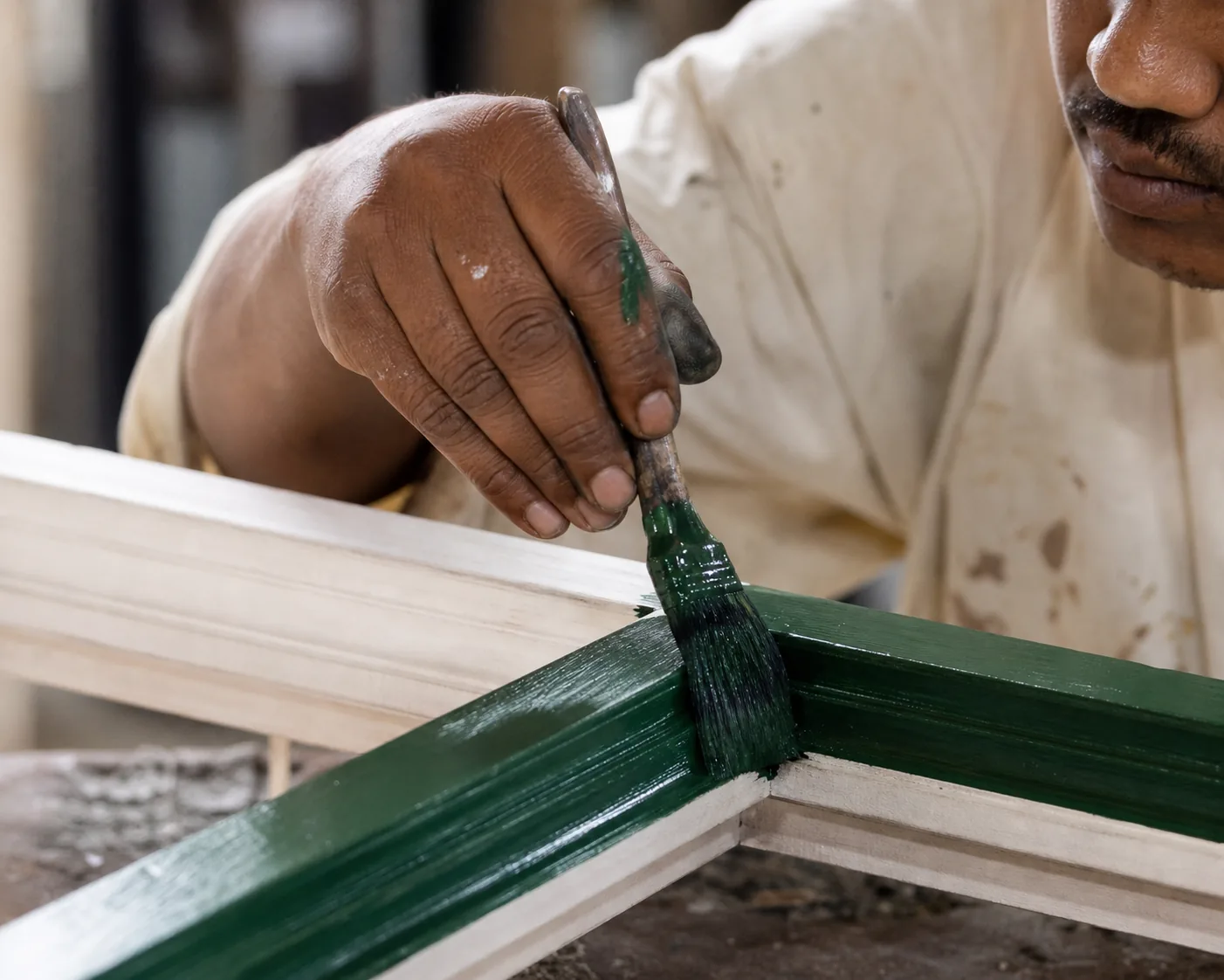 Craftsman brushing a silk-gloss coloured lacquer topcoat over a smooth white-primed window frame