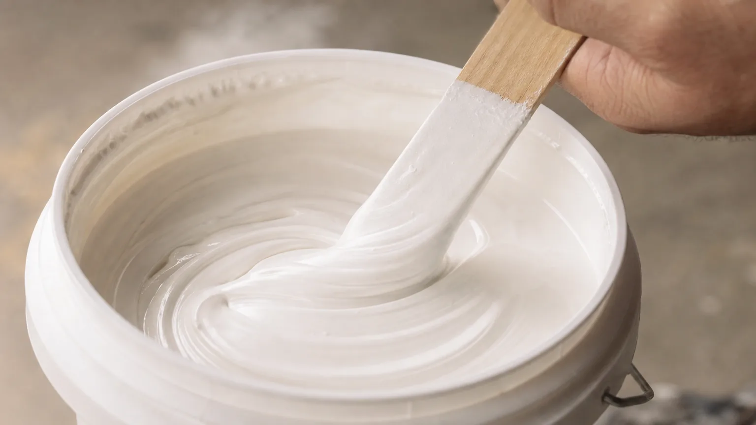 Wooden stirring stick mixing thick natural-white oil primer inside an open plain plastic pail