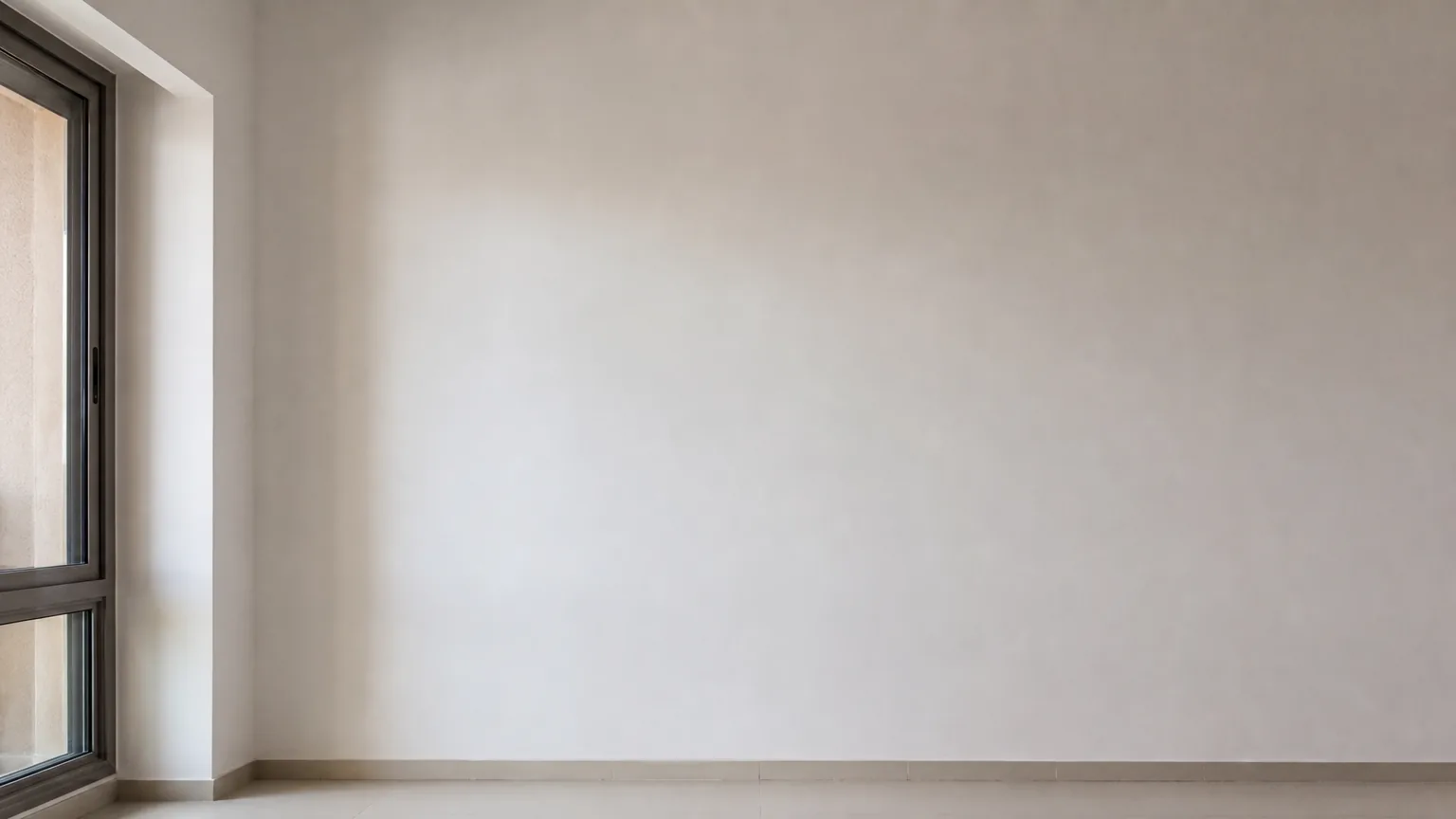 Fully primed interior wall in uniform opaque matt natural-white with old stains sealed, evenly coated and dry in soft side light