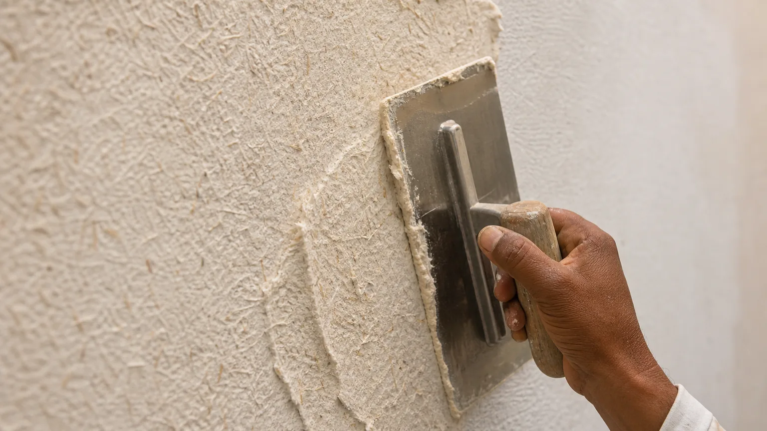 Indian decorator trowelling a textured wool-fibre decorative plaster over the primed rough natural-white wall with a steel trowel