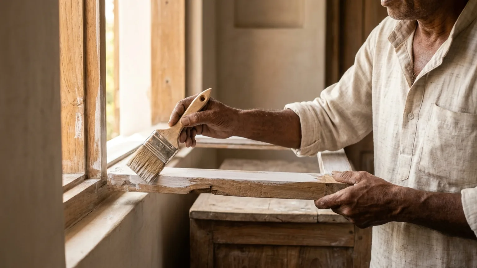 Indian craftsman brushing white primer onto a bare interior timber window frame before the white lacquer