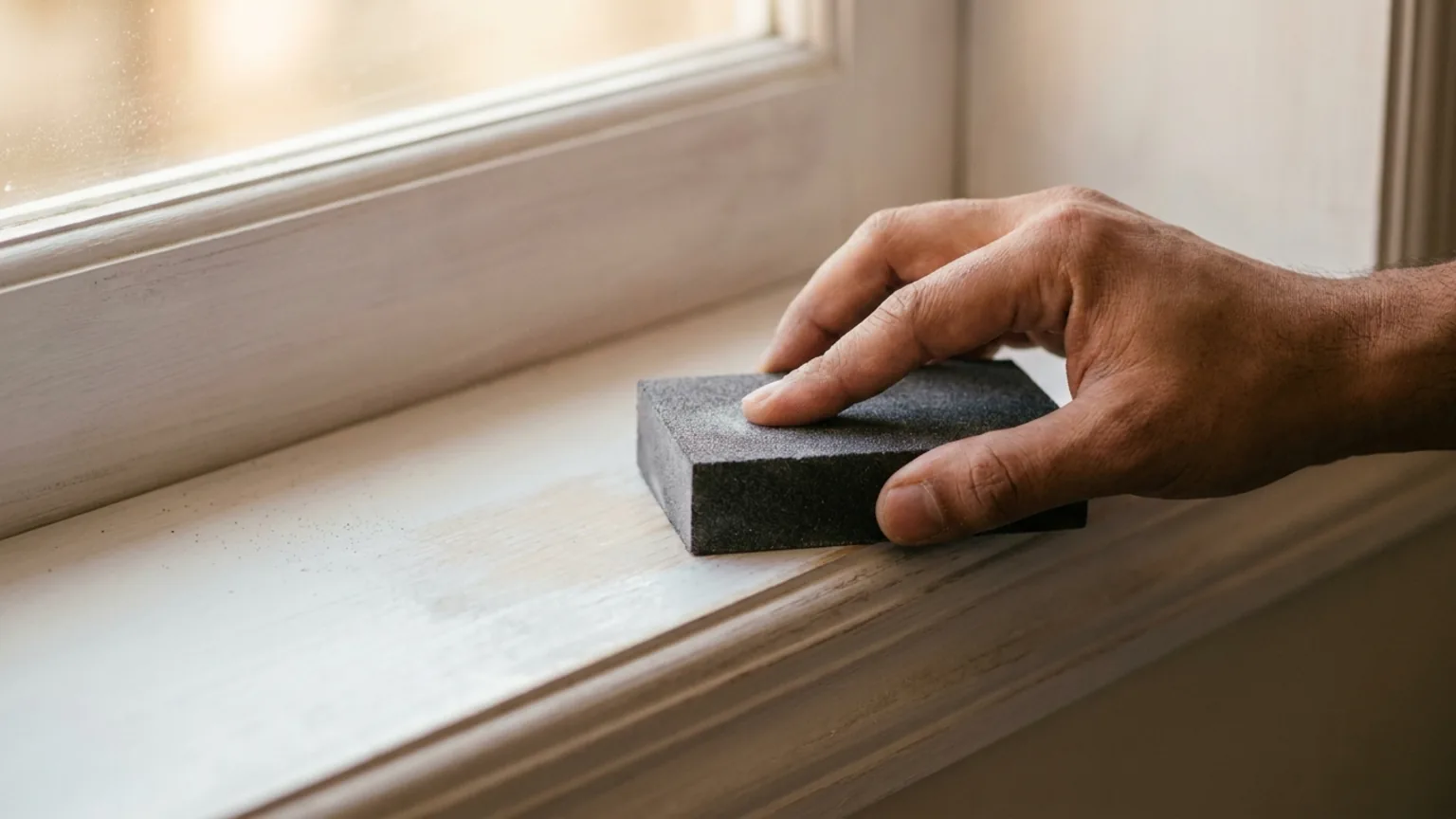 Hand sanding a dried primer coat on an interior timber window frame with a fine sanding block