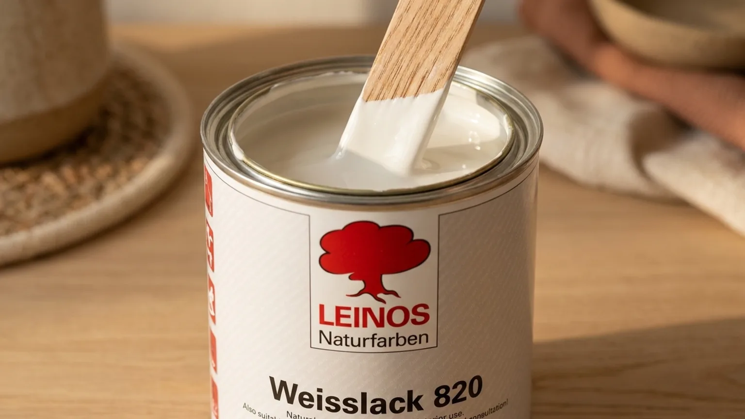 Stir stick blending silk-gloss natural-white lacquer inside an open branded LEINOS 820 tin