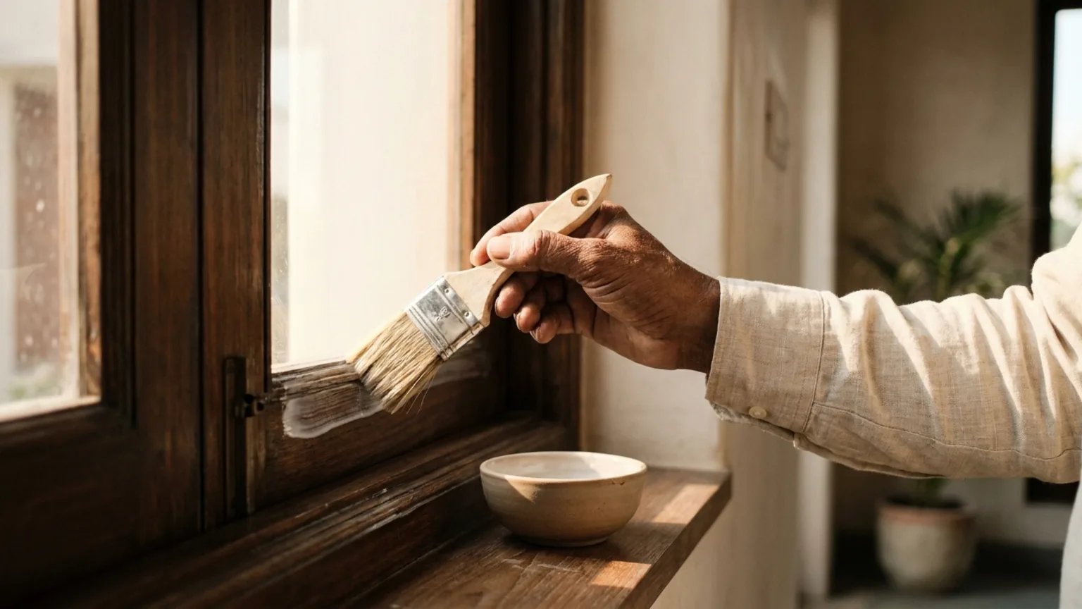 Indian craftsman brushing the first silk-gloss white coat along an interior timber window frame