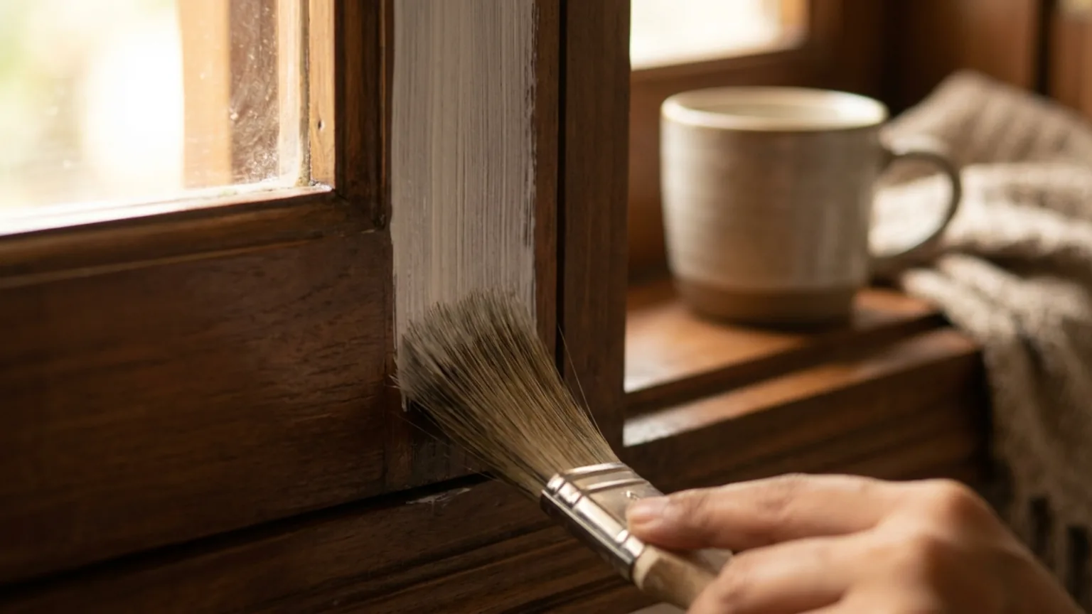 Fine brush laying the smooth second silk-gloss white coat on an interior timber window frame