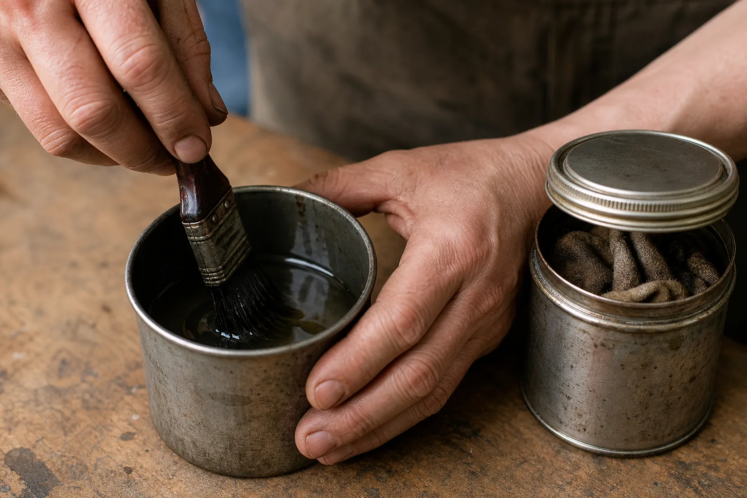 Cleaning a lacquer brush in solvent thinner beside a sealed metal tin for used rags