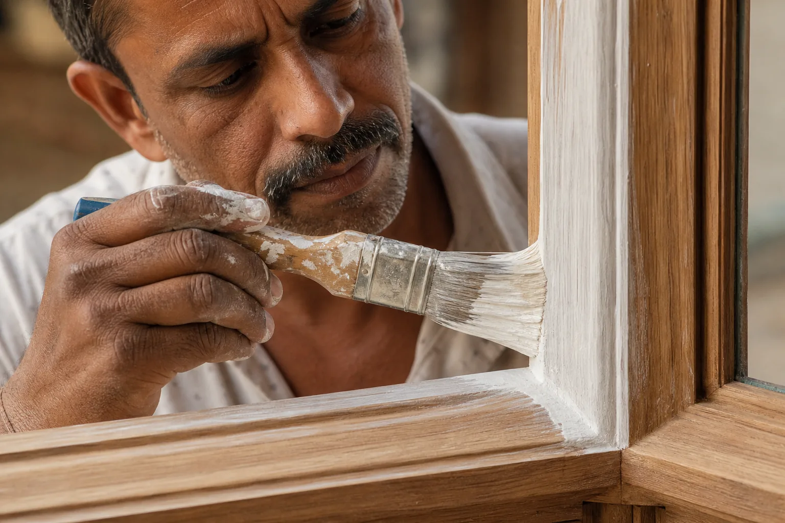 Indian craftsman brushing white primer onto a bare timber window frame before the colour lacquer