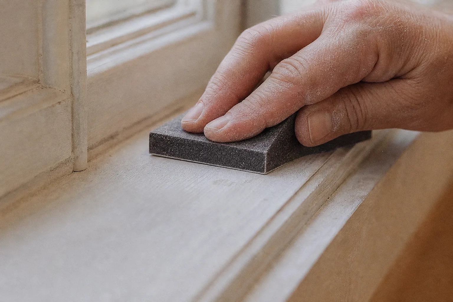 Hand sanding a dried primer coat on a timber window frame with a fine sanding block