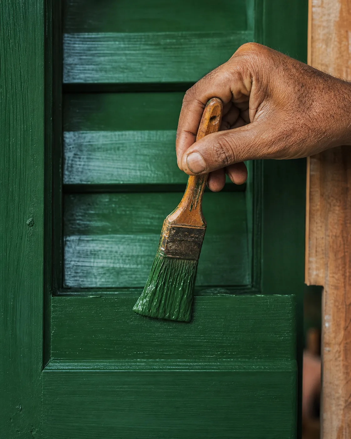 Indian craftsman brushing the first opaque silk-gloss colour coat along a timber shutter