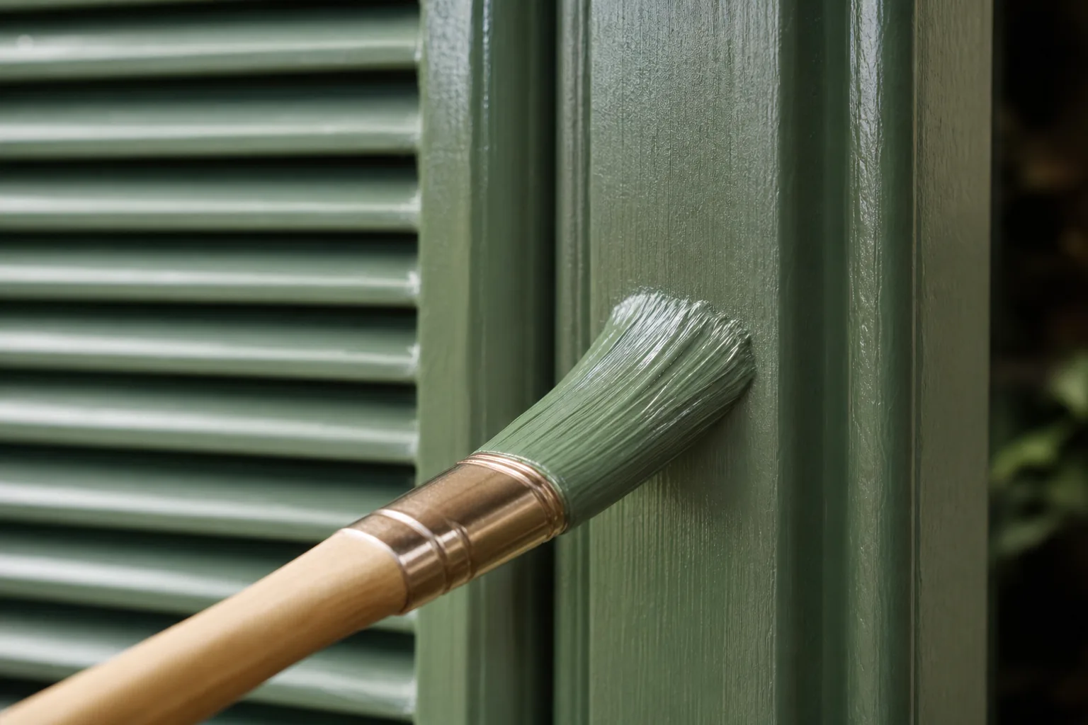 Fine brush laying the smooth second silk-gloss colour coat on a timber shutter