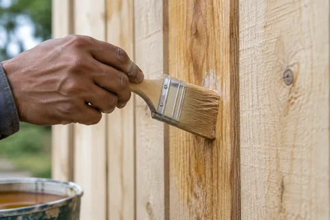 A brush applying clear impregnation primer to bare rough-sawn cladding boards, the primed part slightly darker