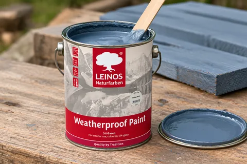 A stirring stick in an open tin of LEINOS Weatherproof Paint Oil-Based standing upright beside blue-painted boards