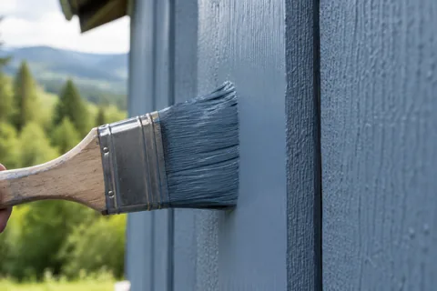 The second coat of Frisian blue paint going on rough-sawn timber boards, finished area an even satin colour