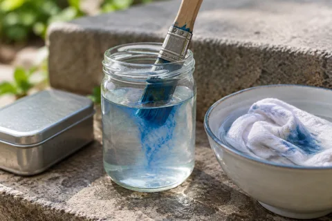 A paintbrush rinsed in thinner beside a closed metal tin for rags and a rag soaking in a bowl of water