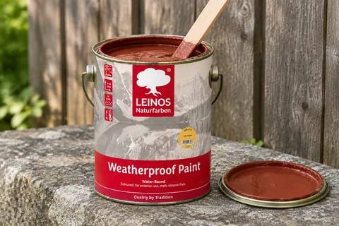 A stirring stick in an open tin of LEINOS Weatherproof Paint Water-Based with Swedish red paint, standing upright