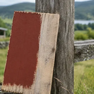 A rough-sawn offcut with a drying test patch of matt Swedish red paint next to bare wood
