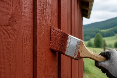 A second coat of flat matt Swedish red paint going on a rough-sawn board wall