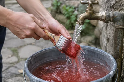 A paintbrush with red paint rinsed under a garden tap into a bucket of water