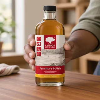 Two hands shaking an upright bottle of LEINOS Furniture Polish above an oiled teak table