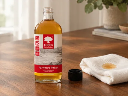 A LEINOS Furniture Polish bottle standing beside a folded cotton cloth with a small spot of amber polish on it