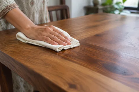 A soft cloth wiping a thin layer of care oil along the grain of an oiled sheesham dining table