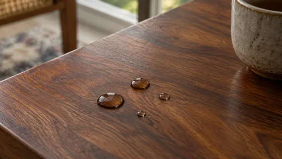 Water droplets beading on a cared-for oiled walnut tabletop
