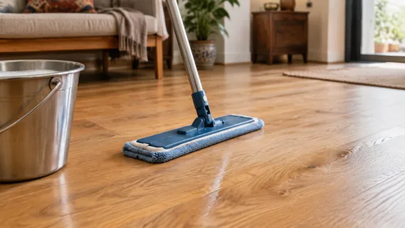 A well-wrung flat mop washing an oiled teak floor, a bucket of soapy water beside it