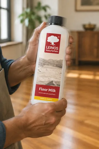 Two hands shaking an upright bottle of LEINOS Floor Milk above an oiled wooden floor