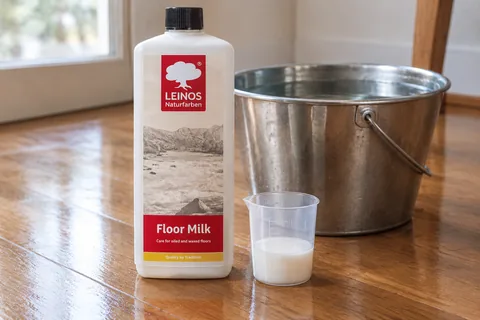 A LEINOS Floor Milk bottle standing beside a measuring cup of about 20 ml of milky liquid, a bucket of clear water behind