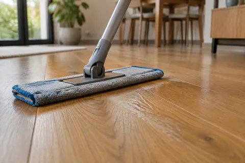 A flat mop laying a thin milky-damp film along the grain of an oiled oak floor