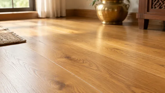 An oiled teak floor after care, an even silk sheen along the boards in window light