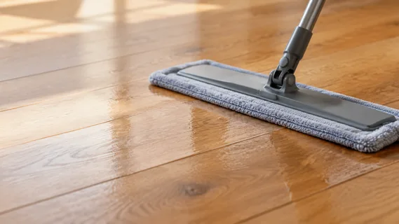 A well-wrung flat mop gliding along oiled oak boards, leaving a faint damp sheen