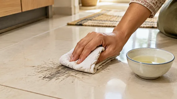 A folded cotton cloth wiping a dark scuff off pale floor tiles, a bowl of liquid soap beside it