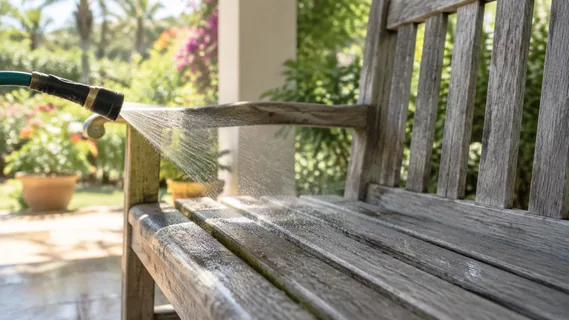 A garden hose lightly misting a weathered grey teak bench in the shade before the anti-greying fluid goes on