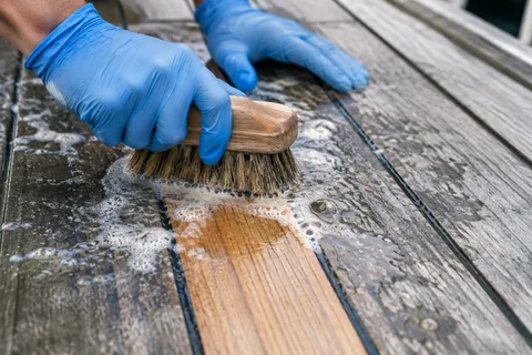 Gloved hands scrubbing greyed teak deck boards with a stiff root brush and water, the scrubbed strip brighter