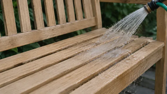 Water from a hose rinsing cleaned teak bench slats that are now pale and fresh-coloured