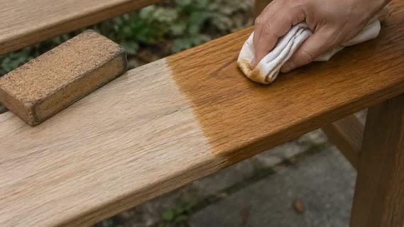 A cloth wiping oil along the grain of a cleaned teak bench slat, the oiled half warm honey-brown and matte
