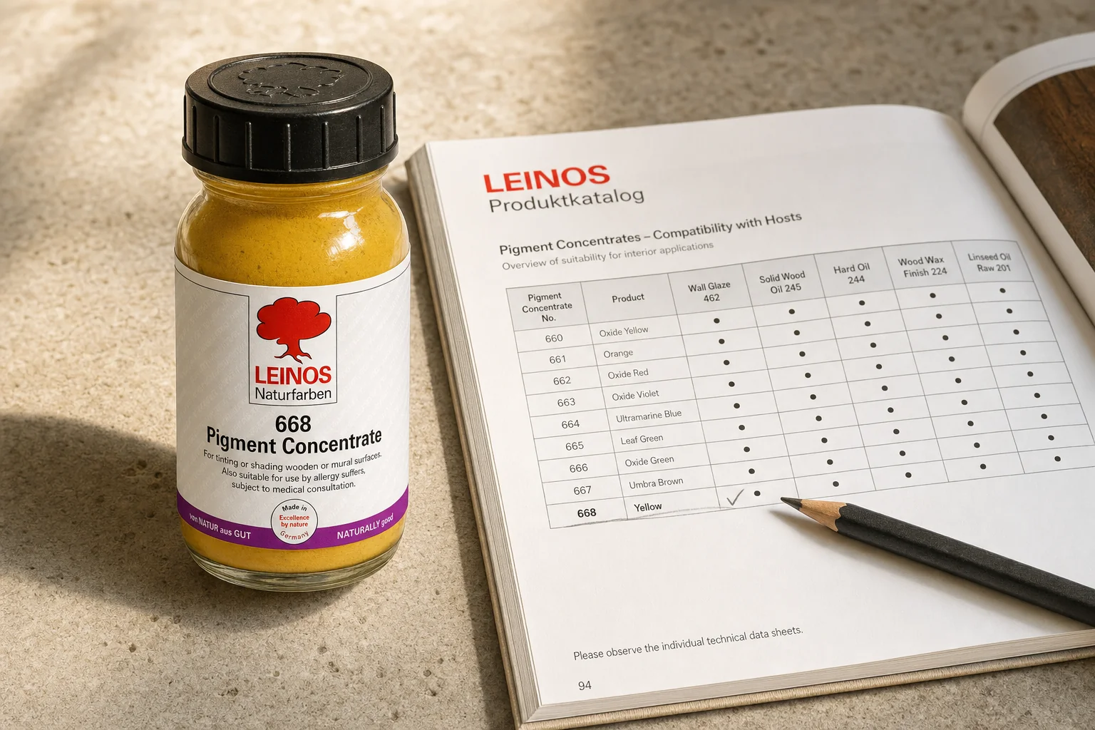 LEINOS Pigment Concentrate 668 bottle on a kota stone work surface with brass mortar and hand-mixed swatch card