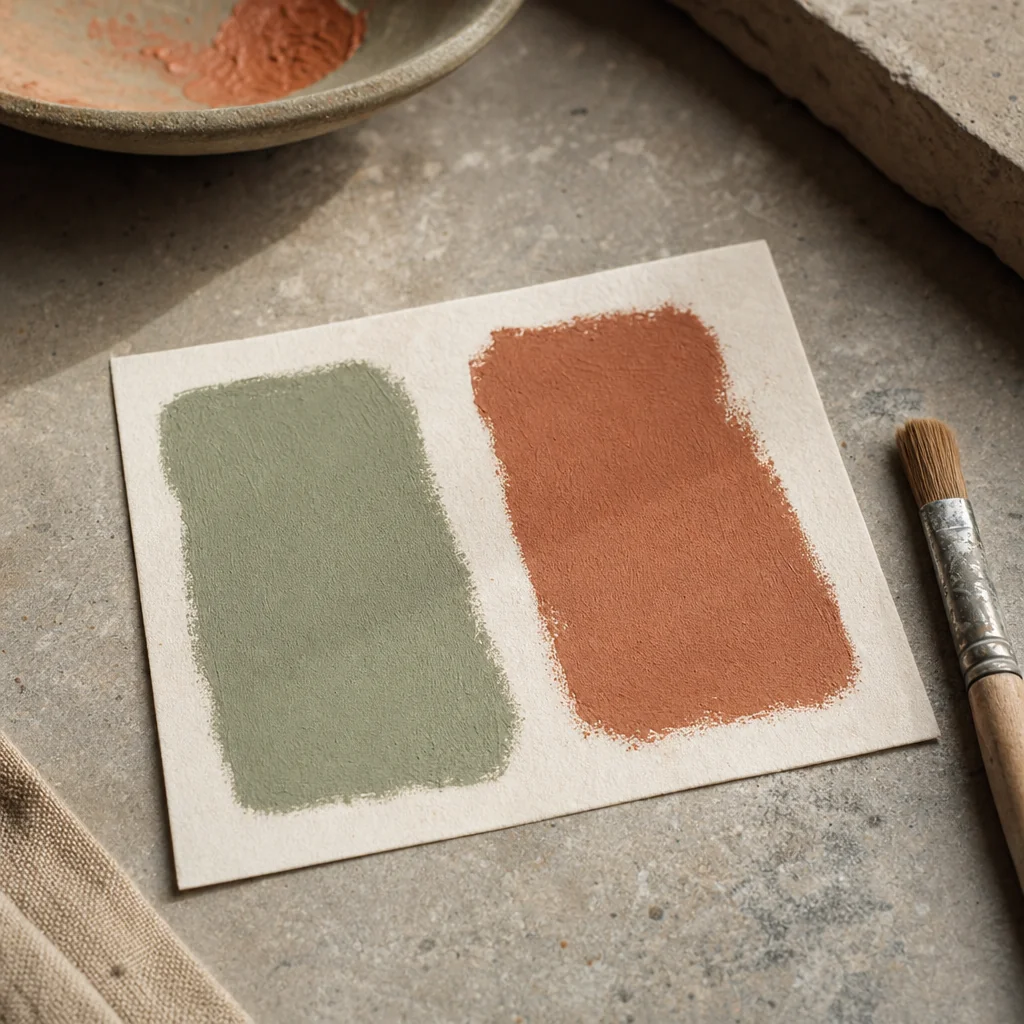 Hand-mixed test patch on offcut card drying on kota stone work surface, sage and terracotta swatches visible