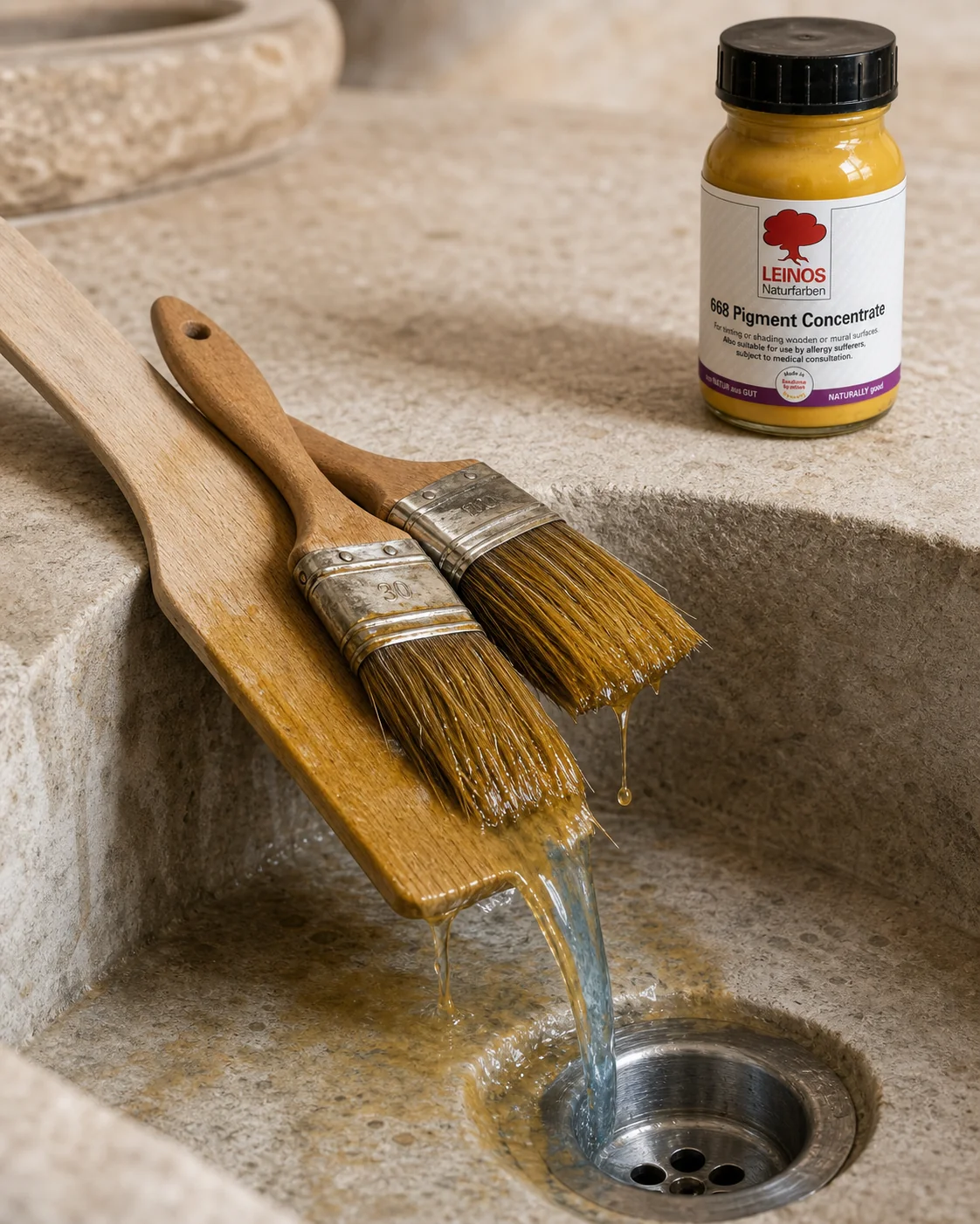 Clean brushes and stirring paddle rinsed under running water, LEINOS 668 bottle sealed in background