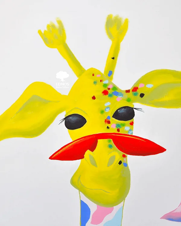 Detail of one giraffe figure — acrylic mural pigments bonded cleanly to the cured lime base, no flashing at the brush strokes.