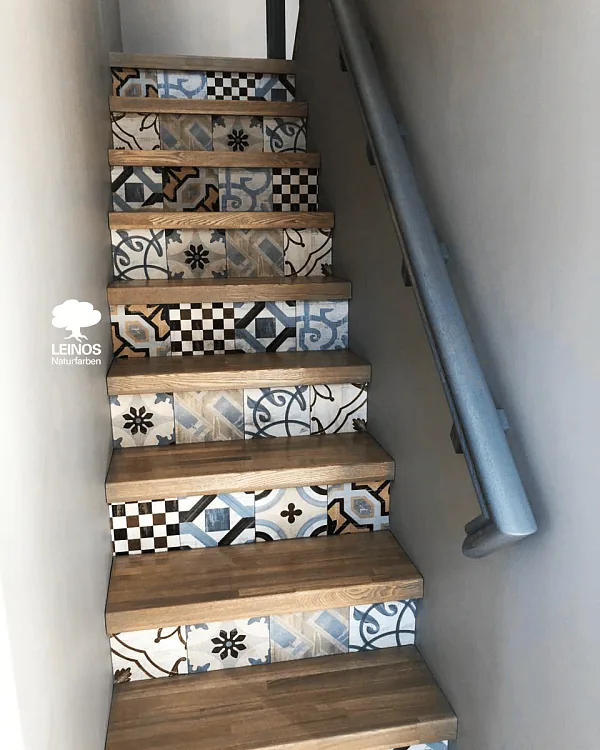 Solid Wood Staircase with Decorative Tile Risers