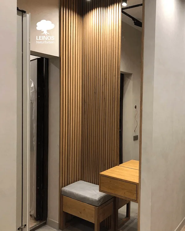 Oiled Wooden Slat Wall Panel in Entryway