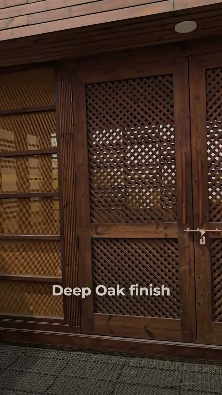 Before/after Reel for LEINOS Terrace Wood Oil 236 in Oak on a pine rooftop terrace pavilion in Delhi — raw, greying wood to a warm, water-resistant Oak finish in a single coat. A product demonstration carrying the brand's on-screen claims, filmed on the finished project.