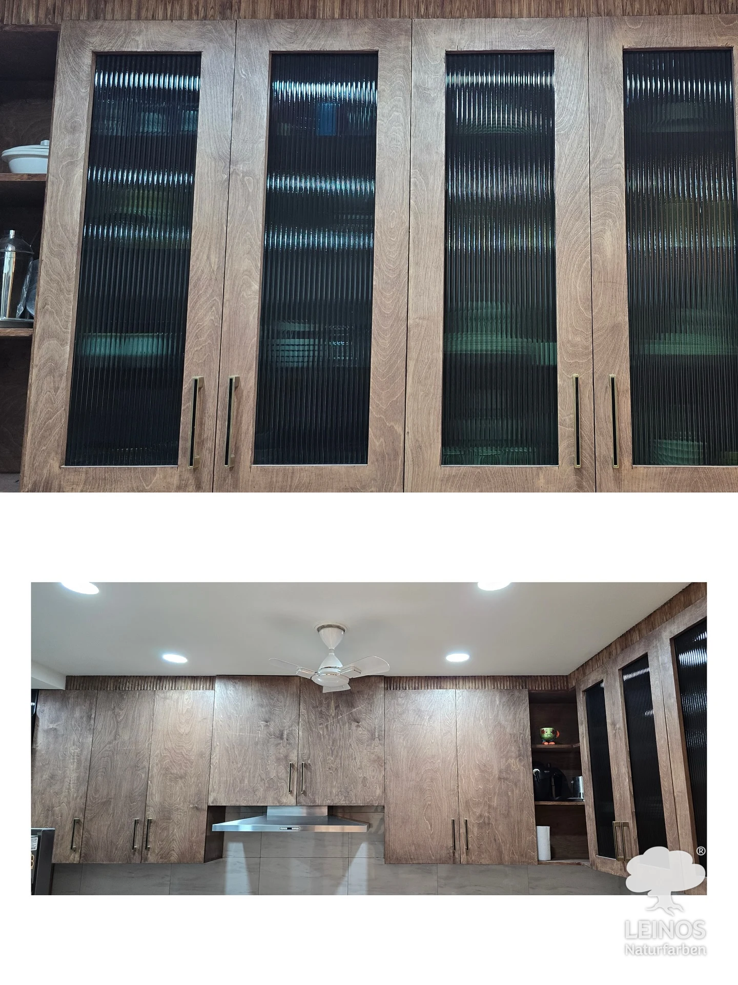 The kitchen: wood-framed wall cabinets with fluted-glass fronts and brass handles above tall and base units, all finished in Premium Hardwax Oil 290.