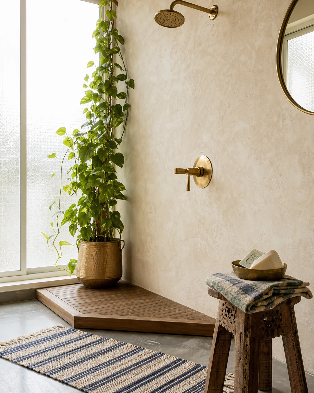 Mumbai bathroom corner with textured warm-cream limewash plaster walls, brass shower head and tap, polished IPS floor, a Pothos plant in a brass-glazed pot, a teak stool with cotton towel and neem soap